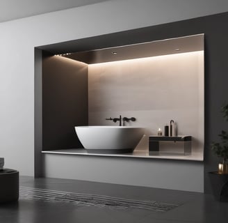A modern bathroom featuring a glass-enclosed shower, a round ceramic sink on a stone countertop, and a mirror. There are toiletries in a woven basket, a liquid soap dispenser, and a small potted plant on the counter. The walls are finished with light-colored tiles, and there's a small window allowing natural light in.