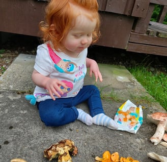 a toddler with mushrooms