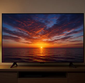 Televisão moderna em uma sala minimalista exibindo um pôr do sol vibrante sobre o mar, com iluminaçã