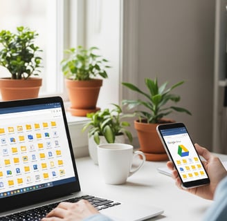 Uma mulher está sentada em um escritório em casa moderno, usando um notebook e um smartphone para ac