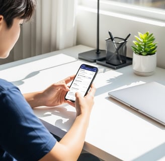 Um jovem adulto sentado a uma secretária moderna e limpa, a usar um smartphone para otimizar o desem