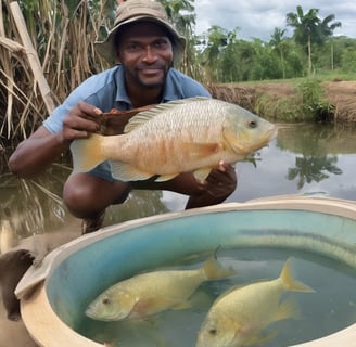 a man holding a tilapia fish over a bowl