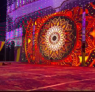 a stage with a large display of lights and decorations