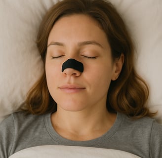 Mujer aplicándose una tira nasal negra RESPIRA+ con expresión relajada.