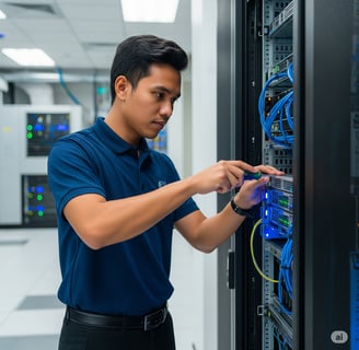 seorang teknisi yang sedang melakukan perbaikin di bagian server