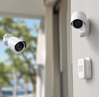 A surveillance camera mounted on a metal pole is positioned above a stone wall, with a clear blue sky in the background.