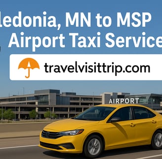 TAXI of the Houston CountY yellow car driving down a highway with a large airport in the background