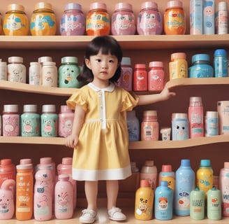 A busy exhibition booth showcasing various Korean beauty products. The booth has bright signage with posters advertising facial treatment creams and masks. People are gathered around, engaging in conversations and exploring the displays. The vibrant red and pink colors are prominent in the booth decor.