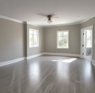 A partially renovated room with freshly laid concrete flooring. The room has bare plastered walls and two exposed pipes for plumbing. A window at the far end allows natural light in, partially illuminating the room. There is building material placed in the corner.