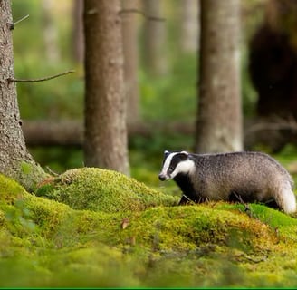 Blaireau européen marchant sur un sol forestier couvert de mousse près du camping Les Vieilles Forge