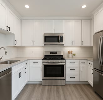 Modern L-shaped kitchen with white shaker cabinets, subway tile backsplash, stainless steel applianc
