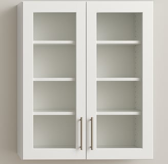 a clear glass insert option white cabinet with two open shelves and a door