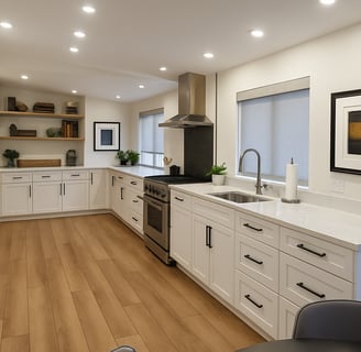 Kelowna kitchen featuring white shaker cabinets and Euro-style design