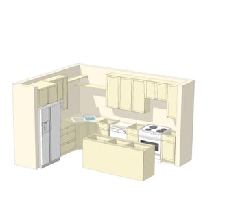 3D rendering of a custom kitchen layout with RTA cabinets, corner base units, tall pantry, and islan