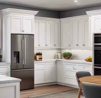 Elegant kitchen with full-height white shaker cabinets, quartz countertops, built-in appliances, and