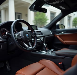 Interior car detailing service including vacuuming, mat shampoo, seat cleaning, leather conditioning