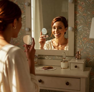 Mujer o persona de género neutro sonriendo mientras se mira en el espejo, con luz natural suave.