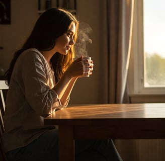 una joven sentada en su acogedor hogar al amanecer, disfrutando de una taza caliente