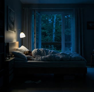 Un dormitorio sereno por la noche, con una persona durmiendo plácidamente
