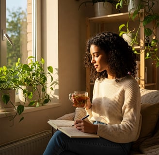 Persona relajada en su espacio matinal: luz natural entrando por una ventana, con una taza de té