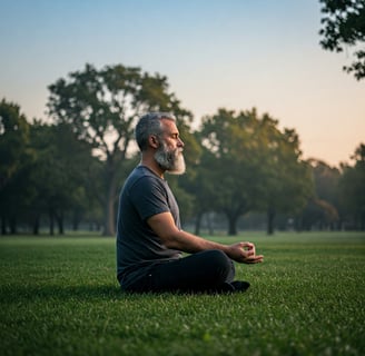 Una persona sentada en posición de meditación en un parque al amanecer, respirando profundamente,