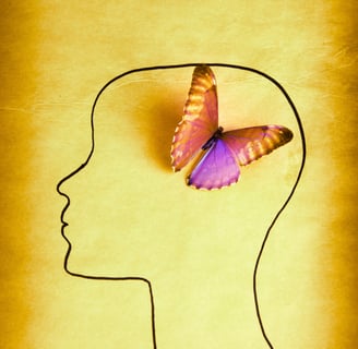 outline of profile, with a purple and yellow butterly where brain goes signifying mindfulness