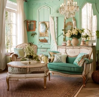 Shabby chic interior with chandelier and couches