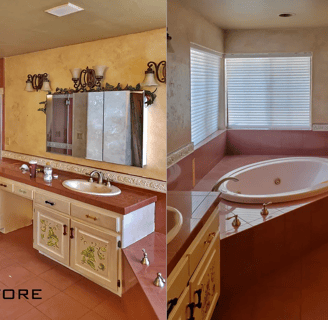 Existing master bathroom with dark red tile and sunk in tub.