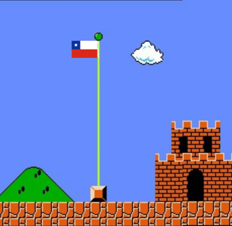 Imagen del primer nivel de mario bros al borde de tomar la bandera. La bandera es de Chile