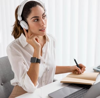 Pharmacovigilance training – woman with headset taking notes during an online training session on PV