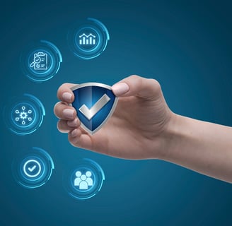 Hand holding a safety icon with checkmark – symbolizing pharmacovigilance compliance and oversight