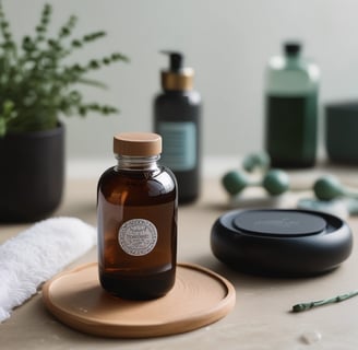 A collection of wellness products is displayed, including a brown glass dropper bottle with a blue label, jars with cream-colored labels, a small bowl with powder, and several capsules scattered on a light surface. Packaging with minimalist design features the brand 'beam' and labels such as 'clarity,' 'the fixer,' and 'revive.'