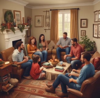 A group of people gathered indoors, engaged in an activity that seems to involve contemplation or prayer. The central figure is a man in a striped shirt, with hands clasped together in front of his face and eyes closed. Other individuals in the background appear to be in similar postures, suggesting a unified or communal experience.