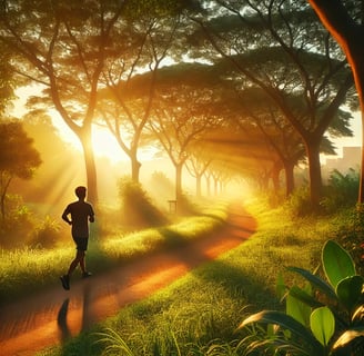 Sunrise jogging scene: "A peaceful sunrise with a person jogging, starting the day right."