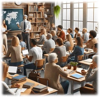 a classroom with a teacher and students