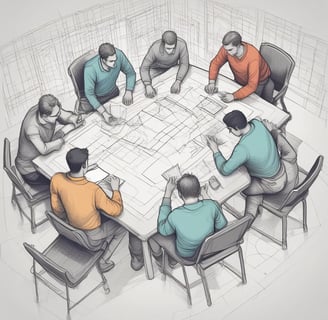 a group of people sitting around a table with a map, during a meeting