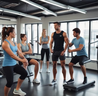 a group of people in a gym room