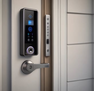 A wall-mounted security camera is centered in the image against a plain, light-colored background. The camera is small, dome-shaped, and slightly reflective.