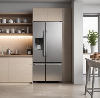 a kitchen with a refrigerator and a counter top