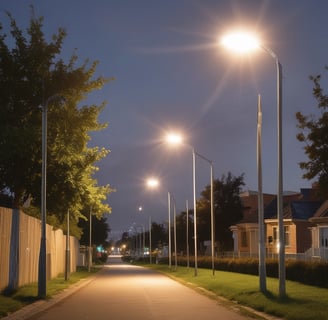 A modern streetlight with a curving pole that includes both a lamp and a solar panel set against a clear sky background. The design is sleek and minimalistic, capturing an innovative and environmentally friendly urban aesthetic.