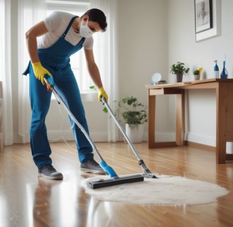 A person wearing a gray coat and blue gloves is cleaning a table in a room with a tiled floor and cream-colored walls. There are several posters on the wall and a light fixture above. To the left, there are stacked chairs and some tables.