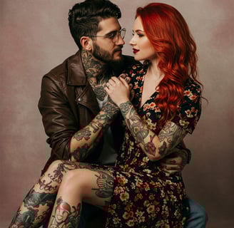 Aesthetic tattooed couple. Stylish man and woman with beautiful tattoos.