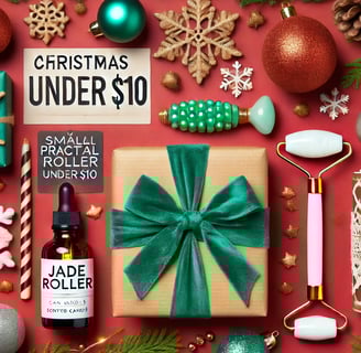 Holiday gift ideas under $10 with candles, tools, and treats arranged neatly on a festive background