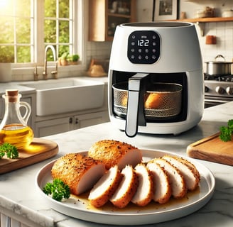 Juicy air fryer chicken breast sliced on a plate, crispy outside, tender and flavorful inside.