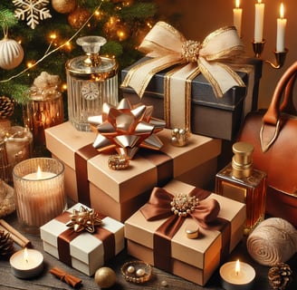 Elegant Christmas gifts for her, including skincare, jewelry, and a designer scarf under a tree.