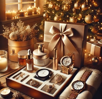 Luxurious Christmas gift ideas for women with skincare, a smart watch, and elegant accessories.