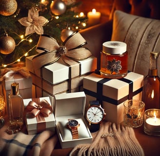Christmas gift guide for her featuring jewelry, a scarf, and skincare under a festive holiday tree.