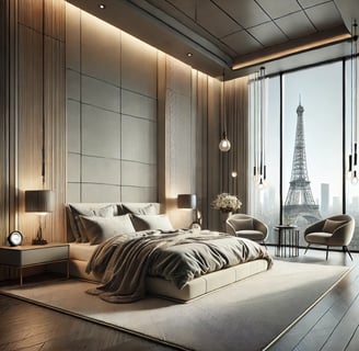 Elegant bedroom with a view of the Eiffel Tower during the day, featuring natural light and stylish