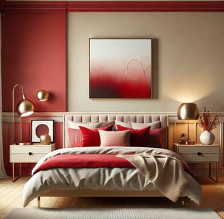 Cozy bedroom with cherry red bedding, carved headboard, gold accents, and elegant pastel decor.