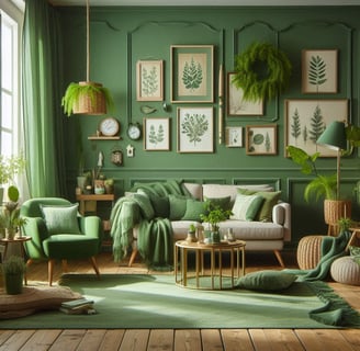 a living room with green walls and a green couch